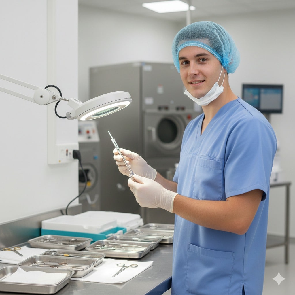 Junger Sterilisationsassistent bereitet chirurgische Instrumente vor