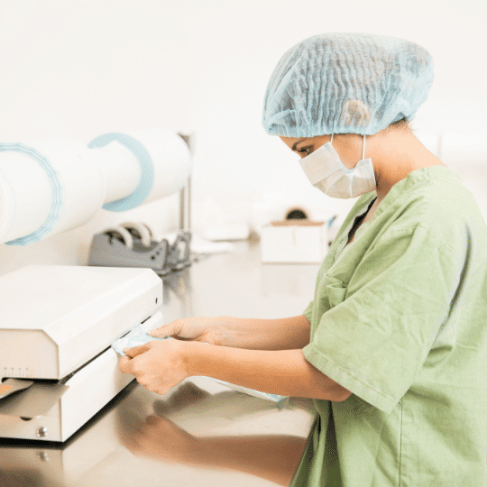 Sterilisationsassistentin in grüner Krankenhauskleidung